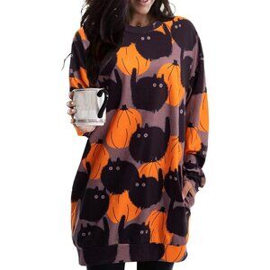 Women Halloween Sweatshirt Pumpkin Cat Long Sleeve Funny Doddle Graphic Shirts